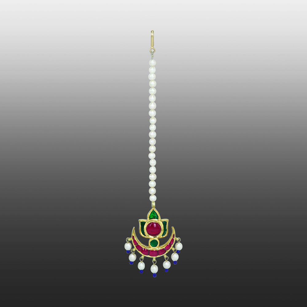 Crescent Cabochon Mangtikka with Red-Green Stones and Pearls